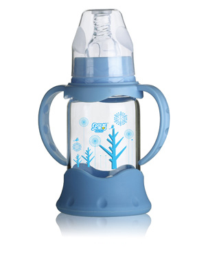 贝婴奇120m防爆感温标口晶钻玻璃奶瓶-蓝色